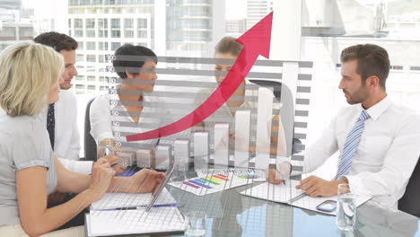 animation of graph with upward arrow, over happy business colleagues in meeting