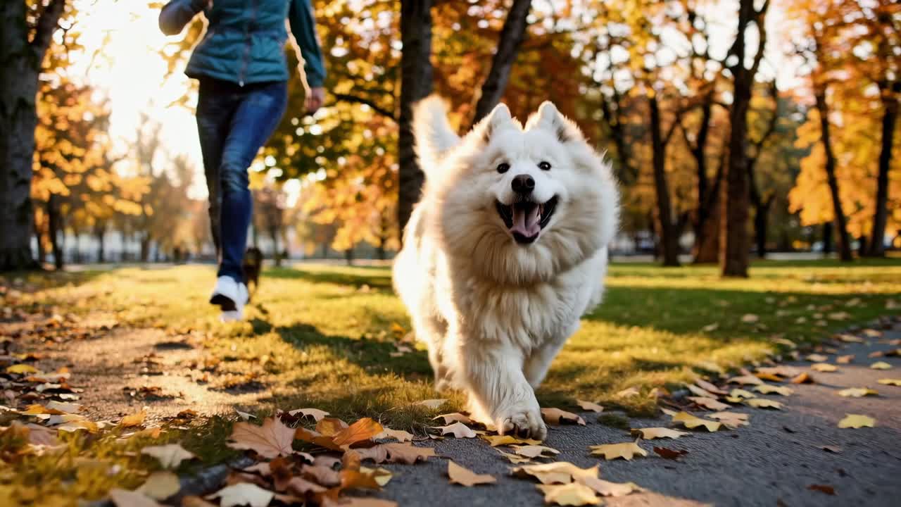 Video da una posizione ribassata che cattura un cane soffice che corre felicemente su un sentiero coperto di foglie in un parco