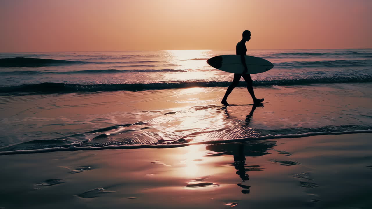 Surfista in spiaggia all'alba