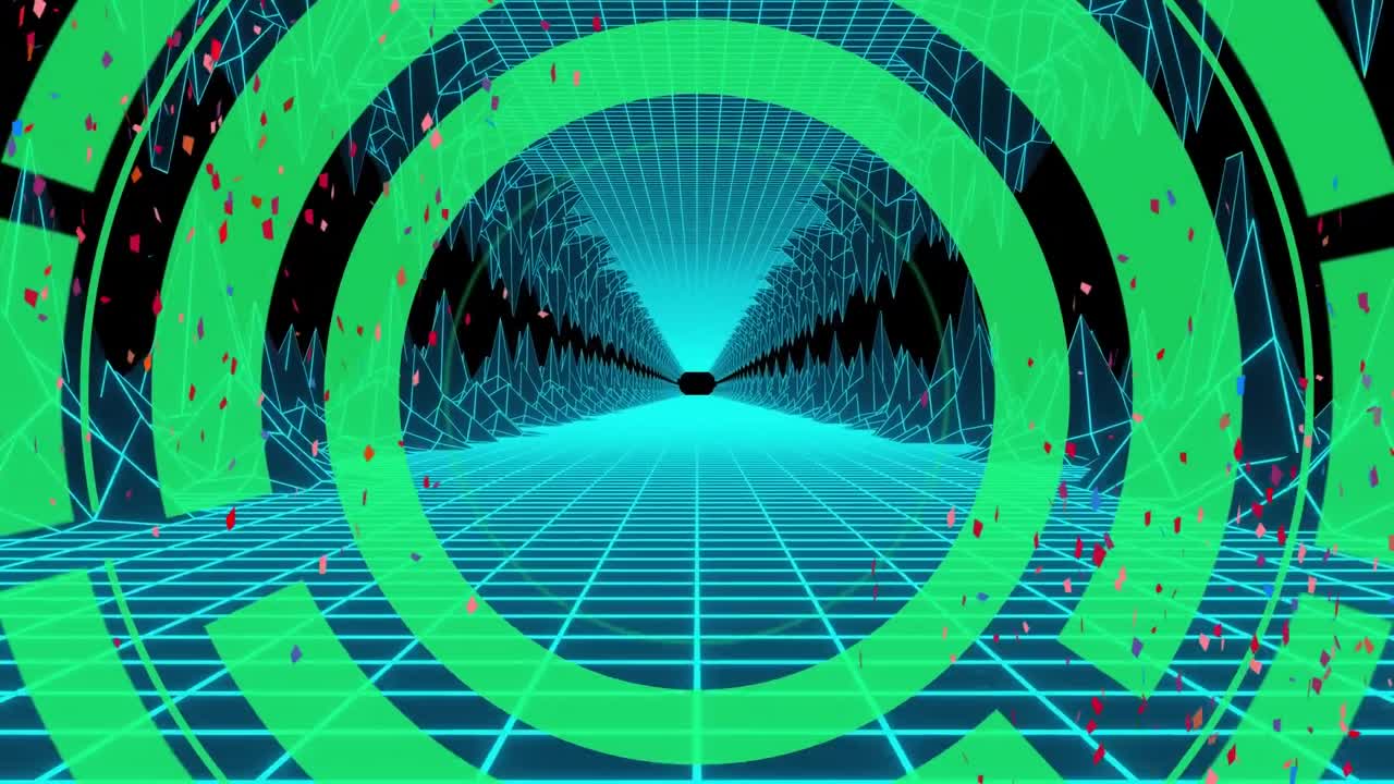 animación de círculos que se mueven sobre el paisaje de cuadrícula decreciente que pasa a través de montañas de cuadrícula