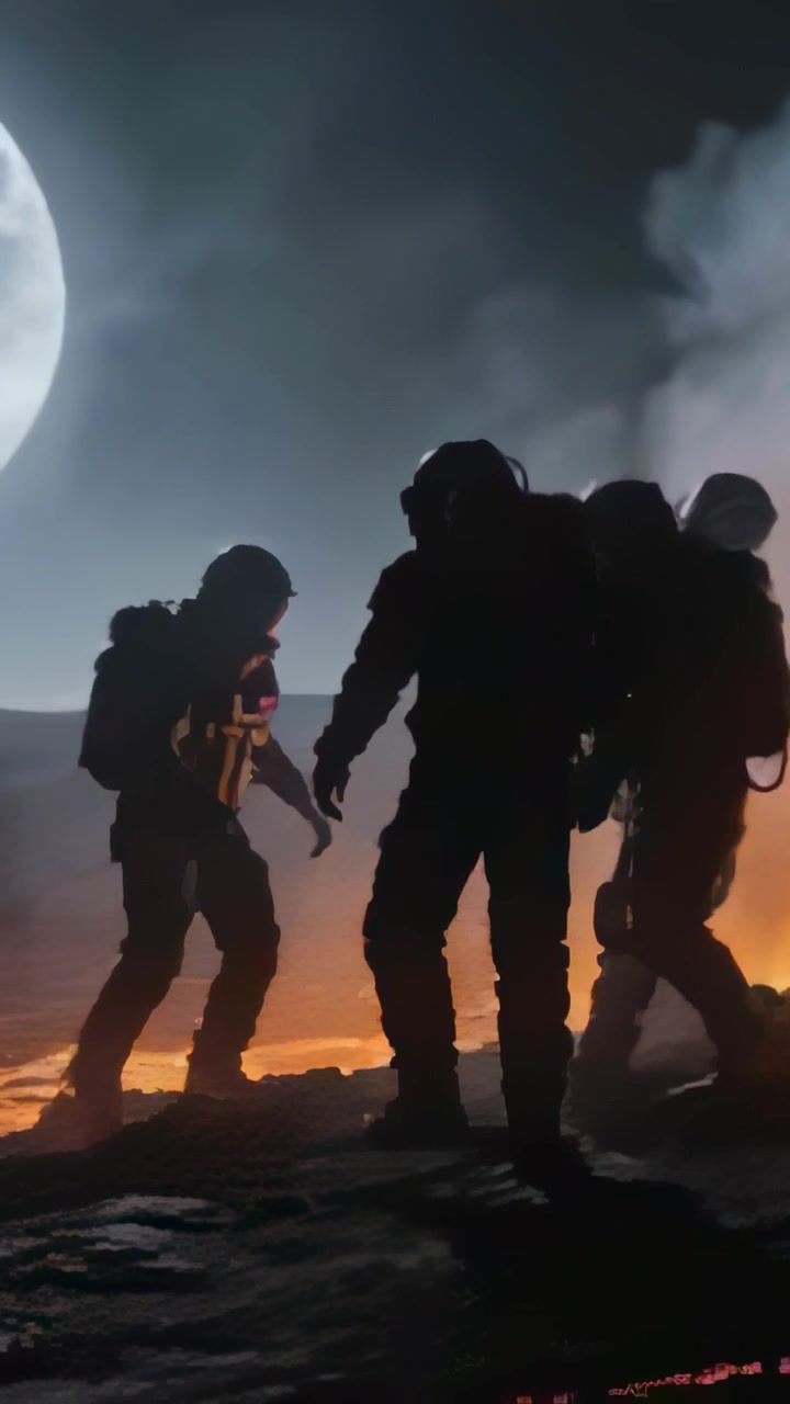 Vertical video: Reacting to lava glow, suited astronauts moving across moon plain, testing footing