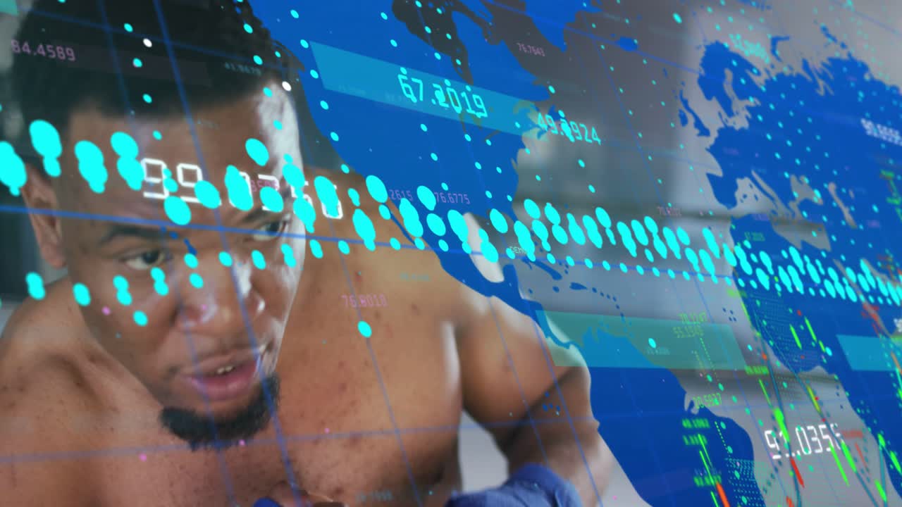 Camera cutting closeup boxer throwing punches while blue wraps and metrics overlay tracking sports