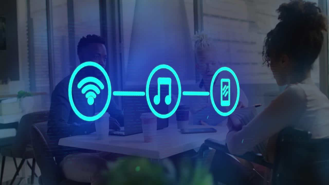 Animation of network of digital icons against diverse colleagues discussing during lunch at office