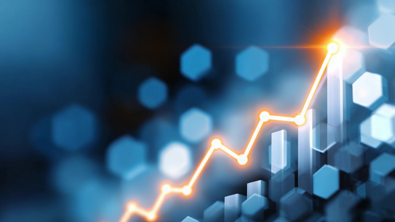 Dynamic Financial Graphs Depicting Growth Trends with Hexagonal Patterns and Glowing Elements Highlighting Positive Market Movements Against a Blue Background