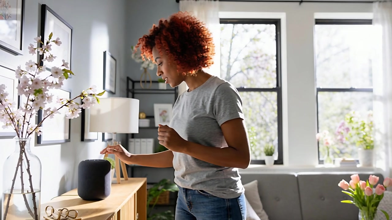 Entering woman in grey tee jeans tapping black speaker on sideboard at home, listening for response