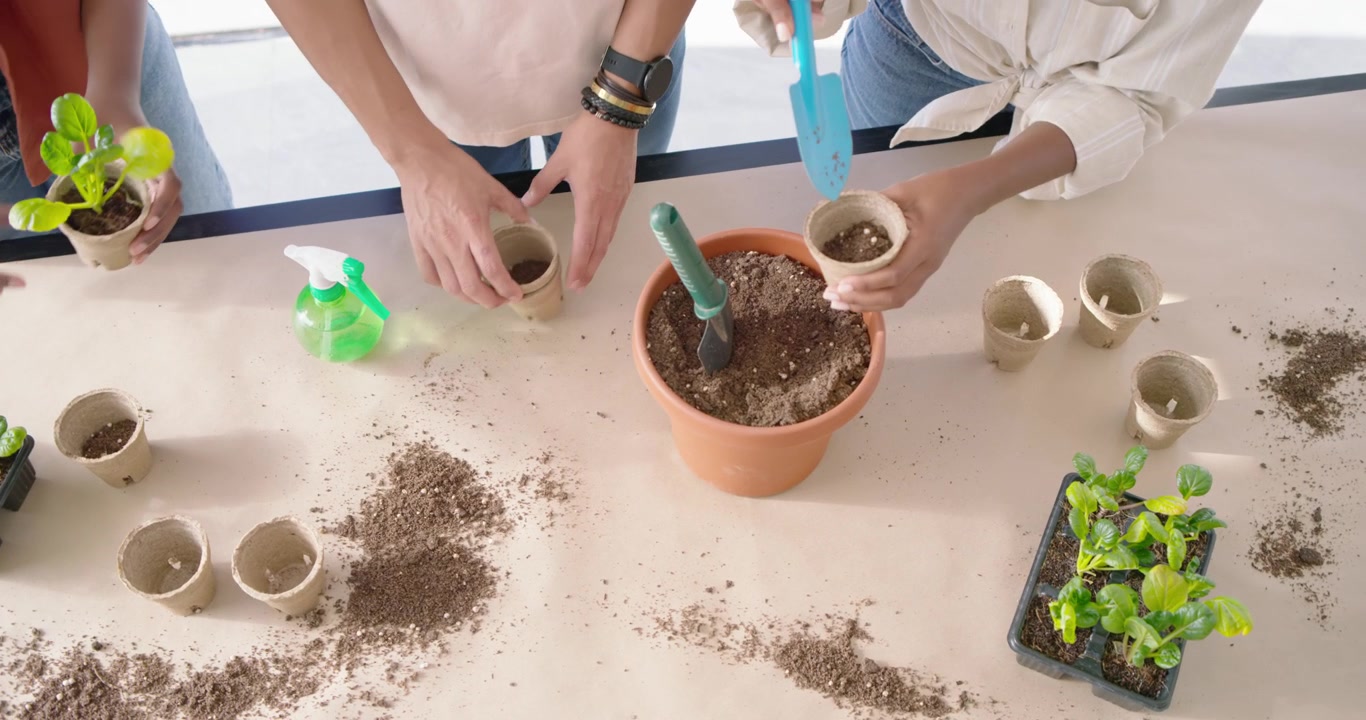 Amici afroamericani prelevano terra da un vaso di terracotta con una paletta blu, riempiendo vasi di carta.
