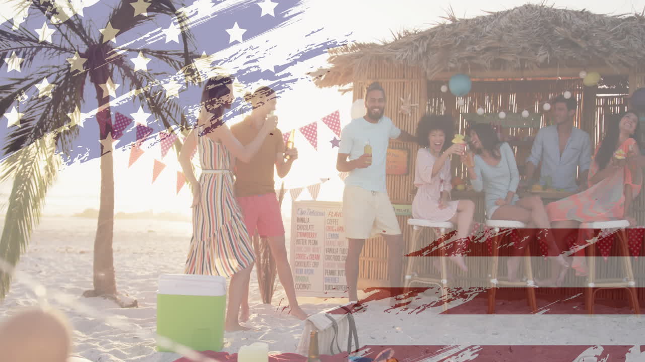 animación de bandera americana sobre amigos disfrutando de bebidas en el bar de la playa