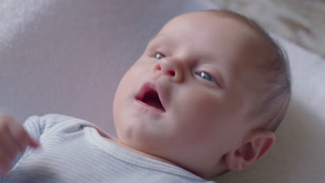 portrait cute baby looking curious infant lying on blanket