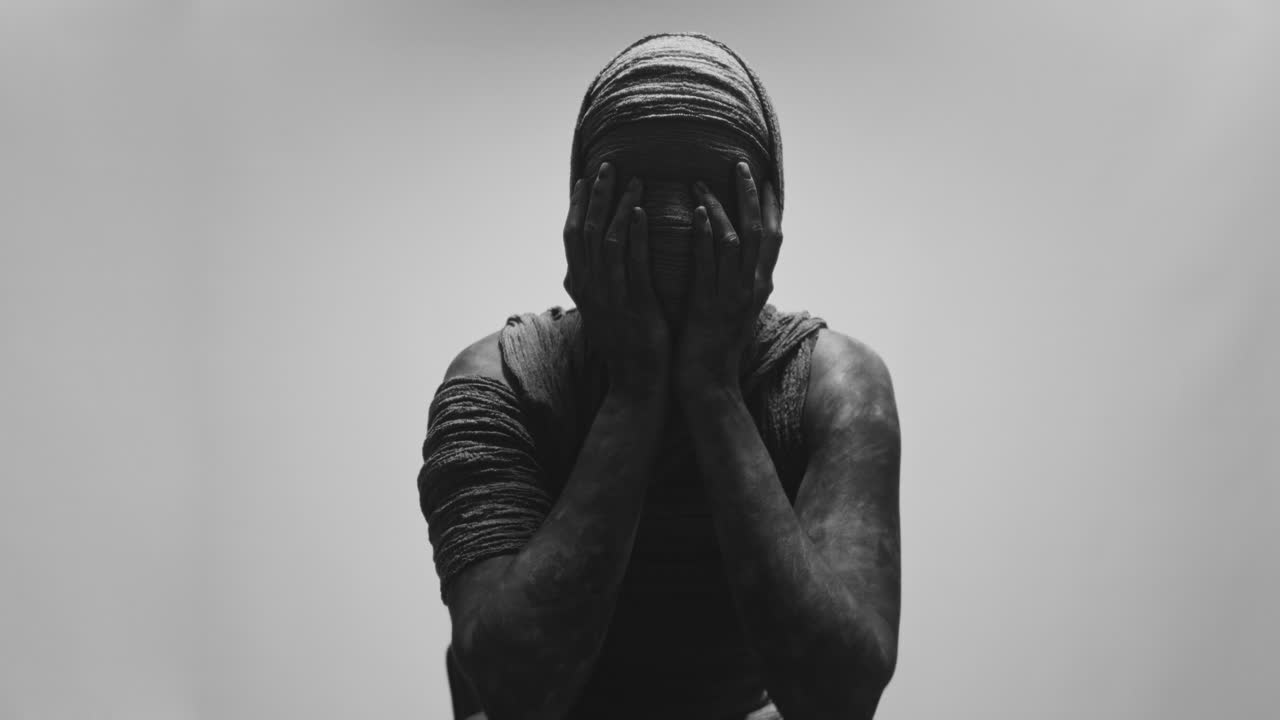 A mummified woman against the bright background in keeps her hands on her face the powerful pose full of despair