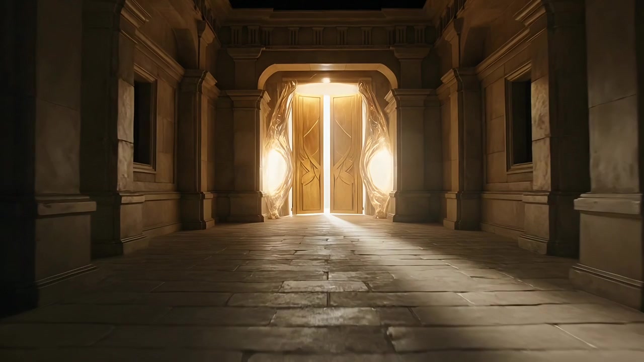 Una fessura di luce che si allarga fa aprire delle porte dorate decorate in una sala di pietra, rivelando tende luminose.