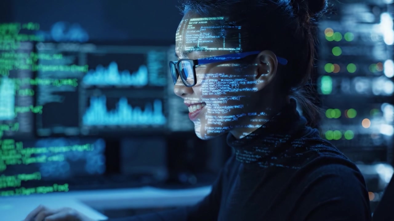 Focused Programmer Analyzing Data with Digital Overlays on Face, Immersed in a High-Tech Environment Surrounded by Monitors Displaying Code and Graphs