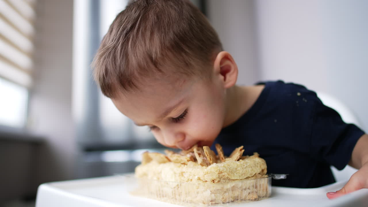 Adorable Caucasian baby boy bends to the cake and bites it. Kid waves his hands cheerfully as he chews the dessert. Low angle view.