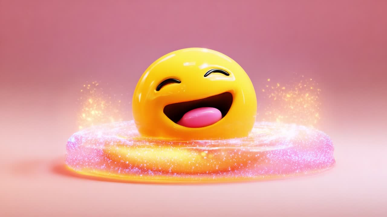 A joyful, vibrant smiley face emerges playfully from a sparkling gel-like substance, radiating happiness and whimsy in a colorful, animated backdrop filled with positive emotions