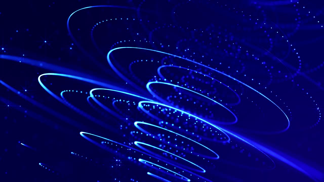 빛나는 파란색 입자는 선, 표면, 복잡한 둥근 구조를 형성하고 마이크로 월드 또는 공간과 같은 부드러운 움직임을 나타니다. bokeh 및 빛 효과와 함께 4k 루프 sf 입자 배경.