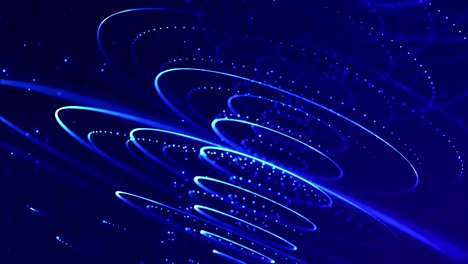 las partículas azules brillantes forman líneas, superficies, estructuras redondas complejas en movimiento suave como en el micro-mundo o el espacio.
