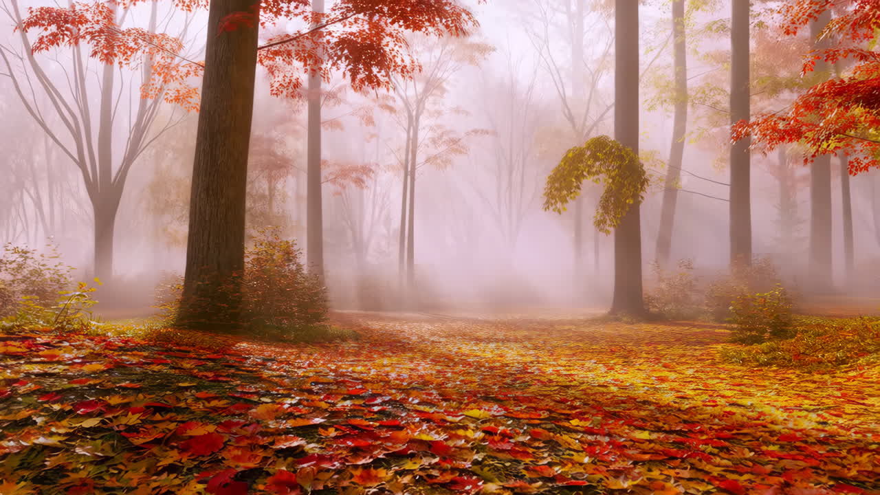 Misty Autumn Forest with Fallen Leaves