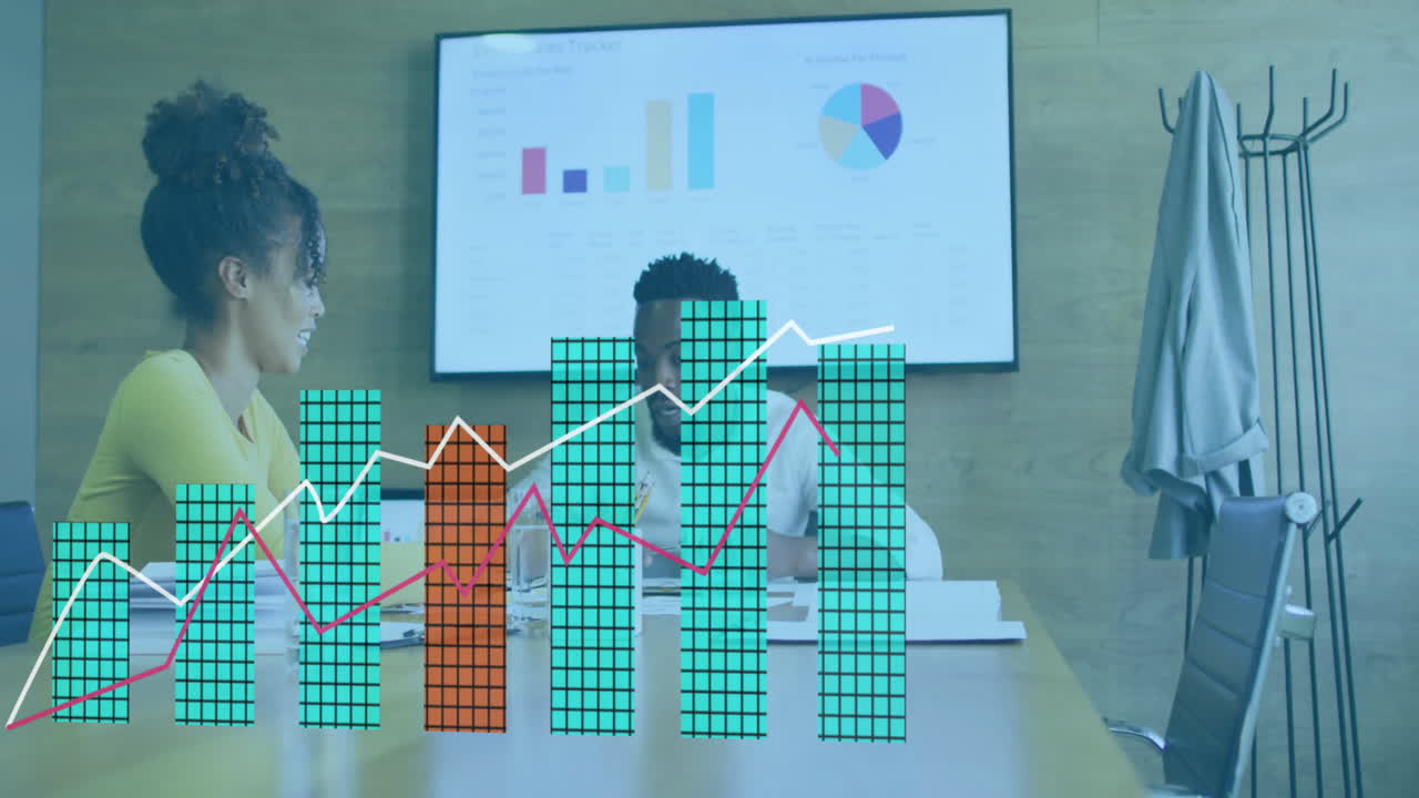 In school, colleagues in business meeting presenting with animation on screen