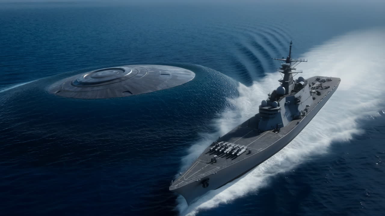 Warship encountering a mysterious disc-shaped object at sea