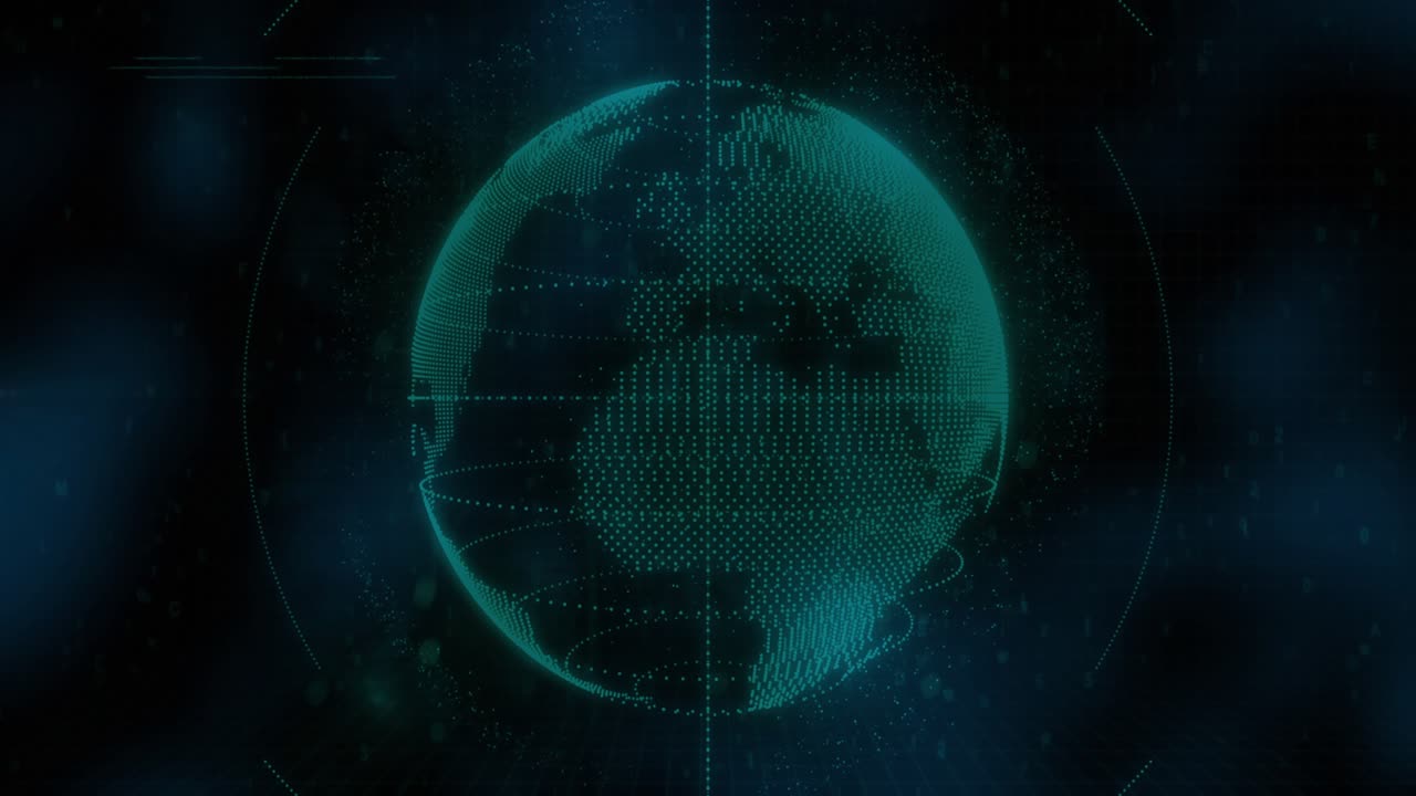 Bright node appearing, emitting pulse and forming three icons pulsing over globe, showing data flow