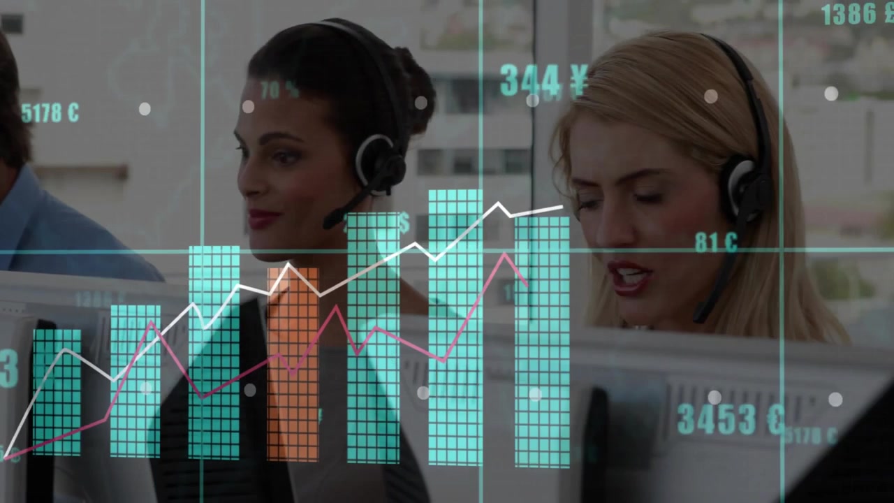 Customer Service Representatives Working in a Modern Office with Financial Data Overlays