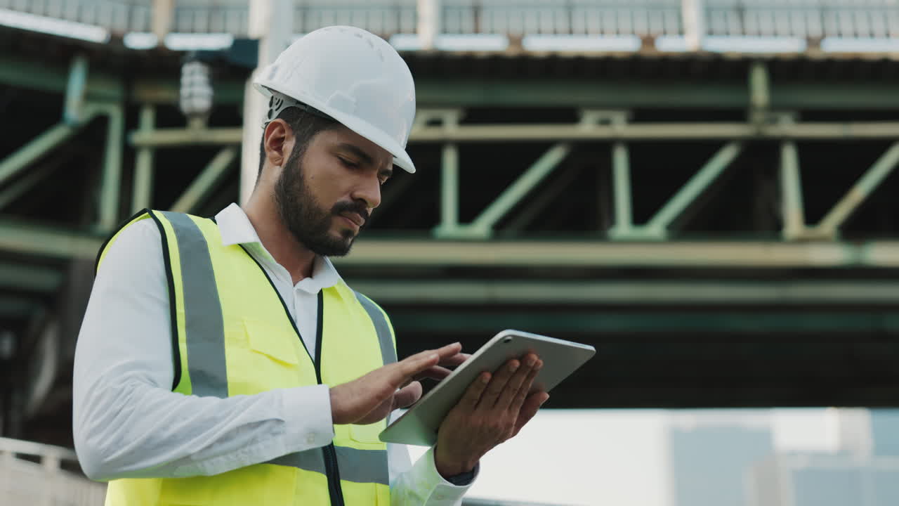 Construction Engineer Working on a Tablet at a Construction Site