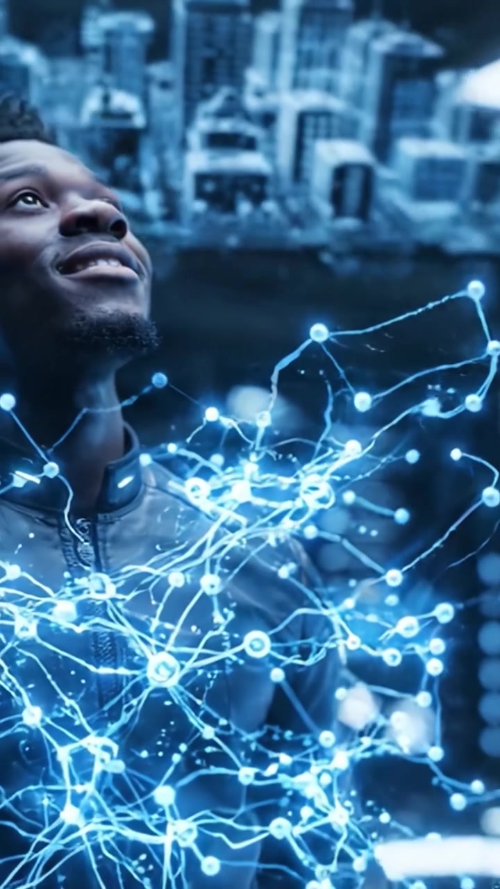 A futuristic explorer interacts with a holographic interface, manipulating glowing data and visualizations in a high-tech urban environment showcasing advanced technology.
