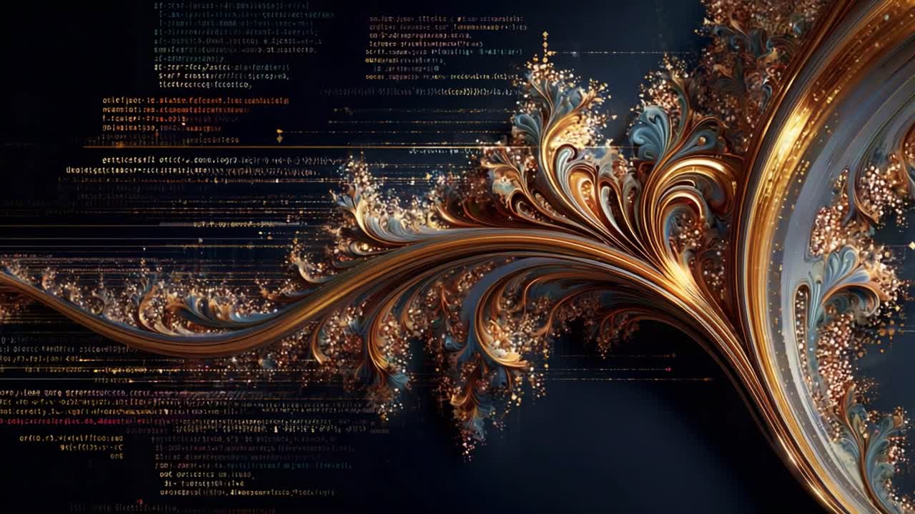 Intricate Fractal Design with Golden Swirls and Programming Code Background, Melding Artistry and Technology in a Stunning Visual Display of Complexity and Aesthetics