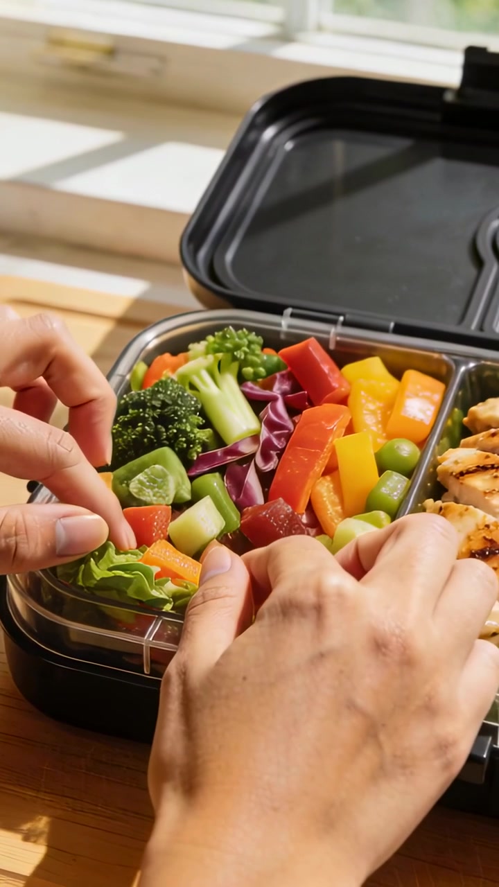 Video verticale: Mani che raccolgono lattuga e carote, mettendo gli ingredienti in un bento per la preparazione dei pasti.