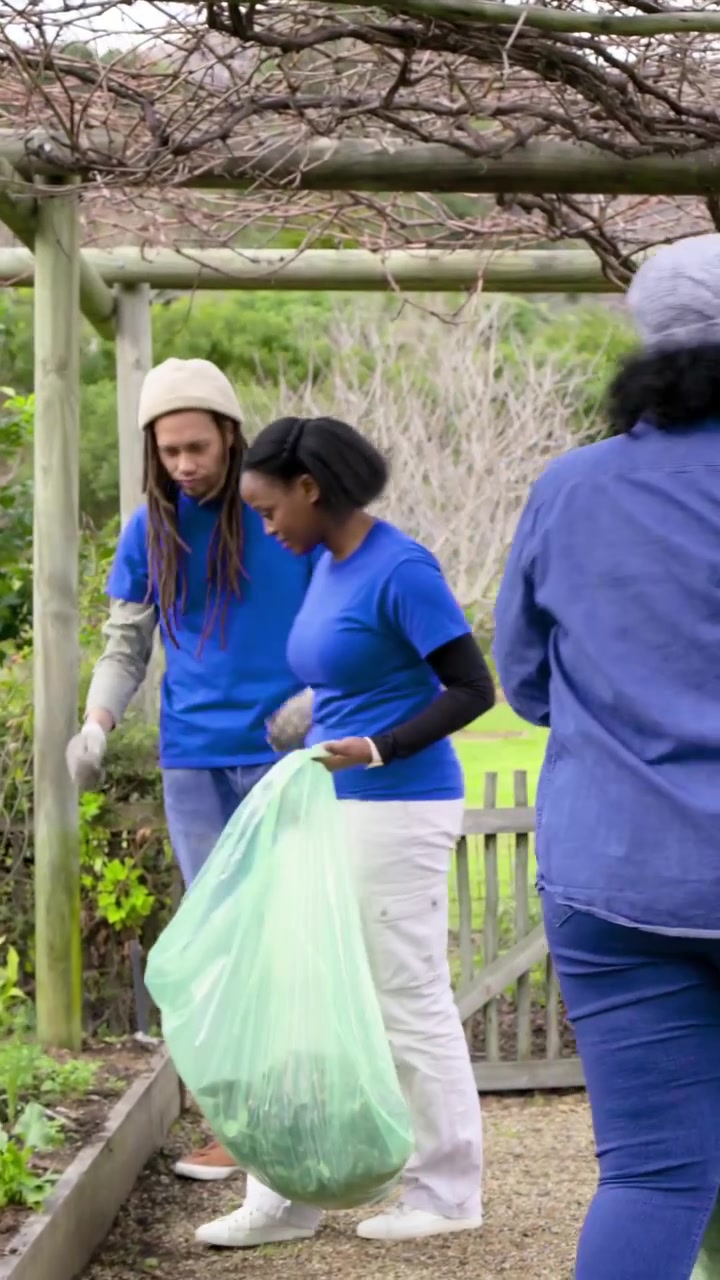Vertical video: Walking trio in blue shirts filling green bags for garden cleanup, camera rising