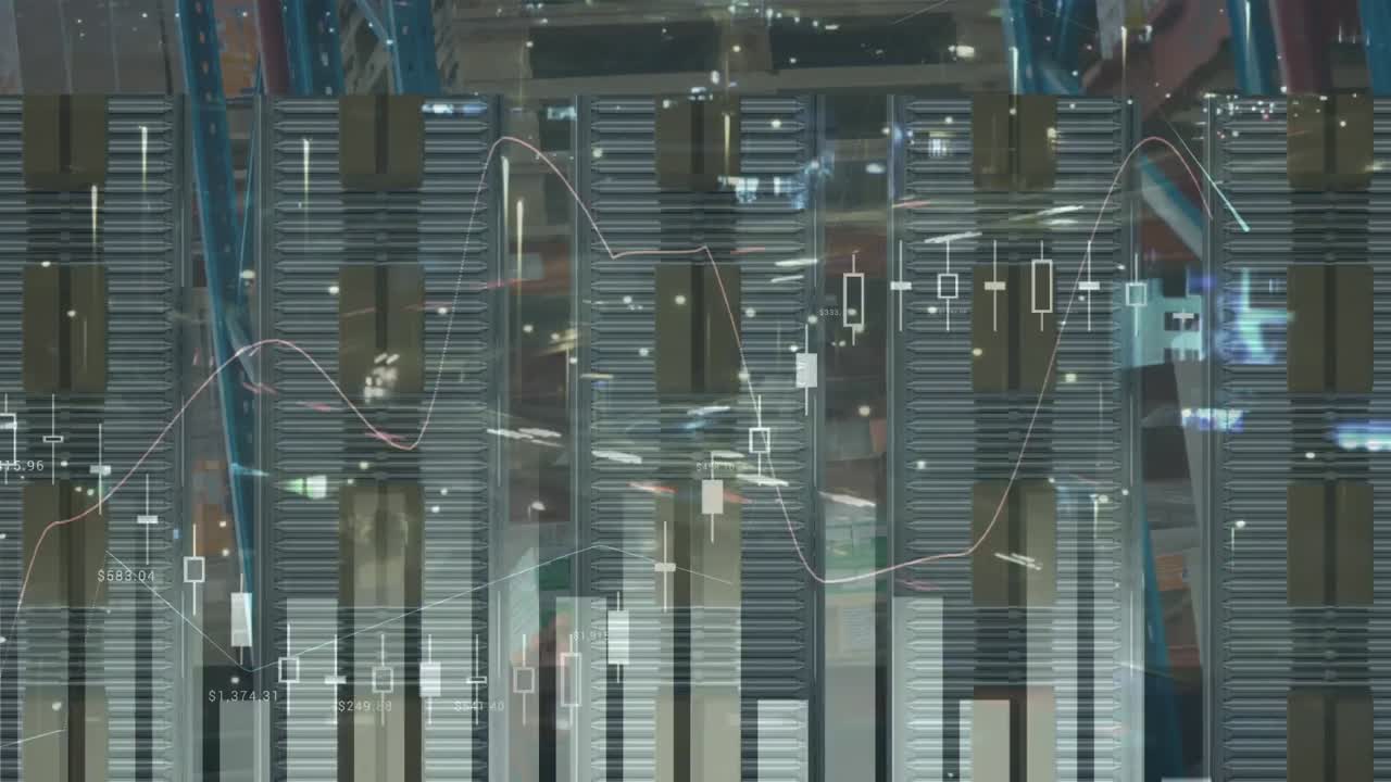 Animation of statistics processing over cardboard boxes on conveyor belts in background