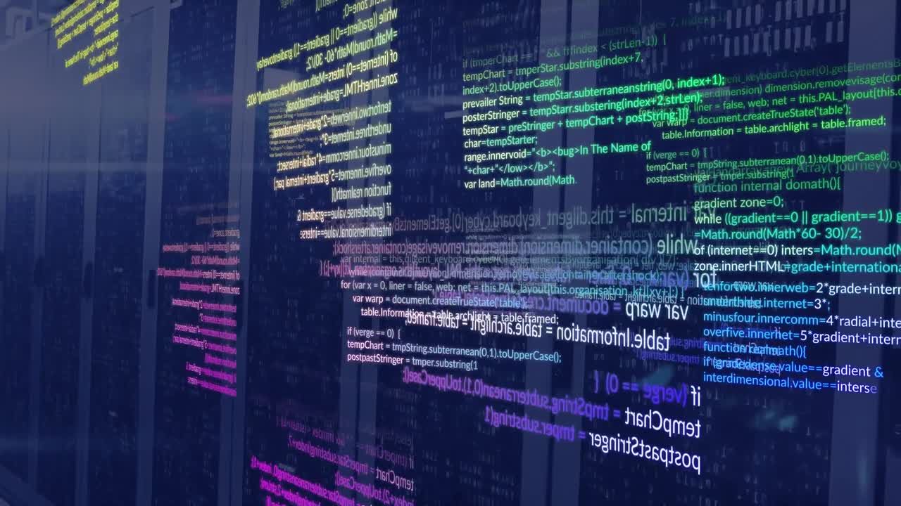 Animation of computer language over binary codes on data server racks in server room