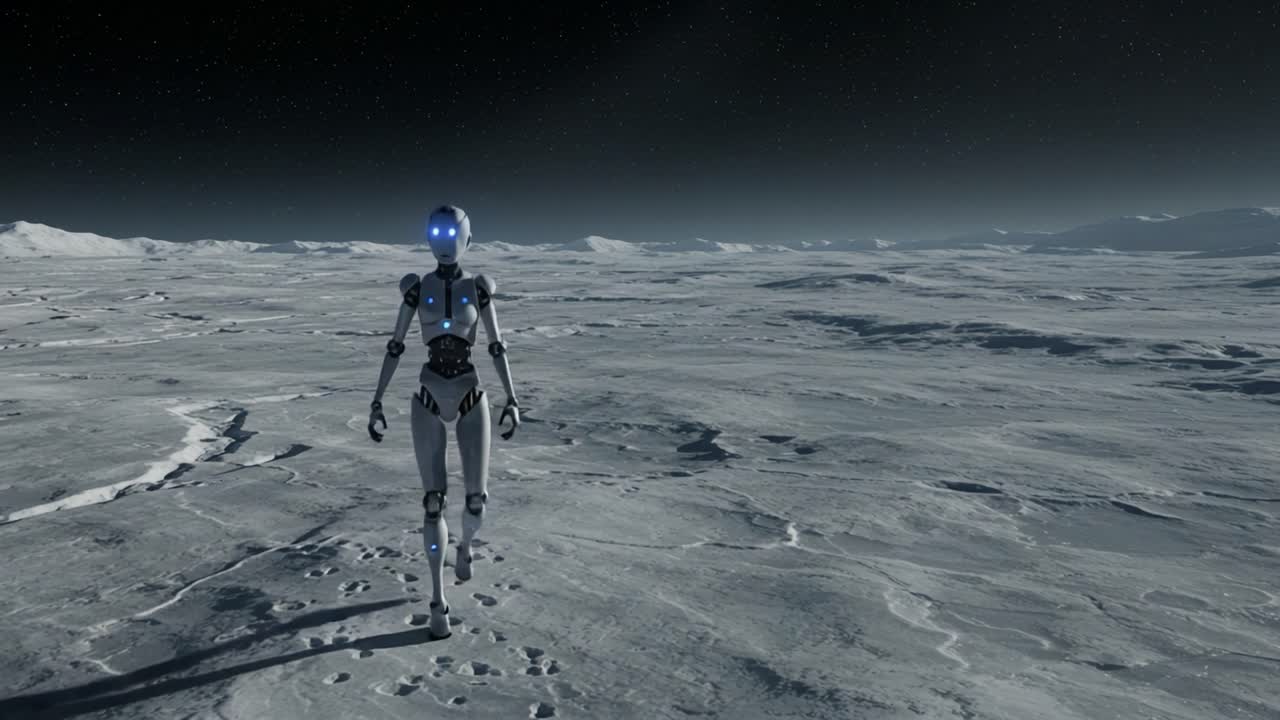 A humanoid robot explores the desolate terrain of a distant moon, leaving behind footsteps on the icy surface under a starry sky, reflecting the mysteries of space exploration