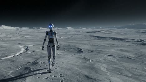 a humanoid robot explores the desolate terrain of a distant moon, leaving behind footsteps on the icy surface under a starry sky, reflecting the mysteries of space exploration