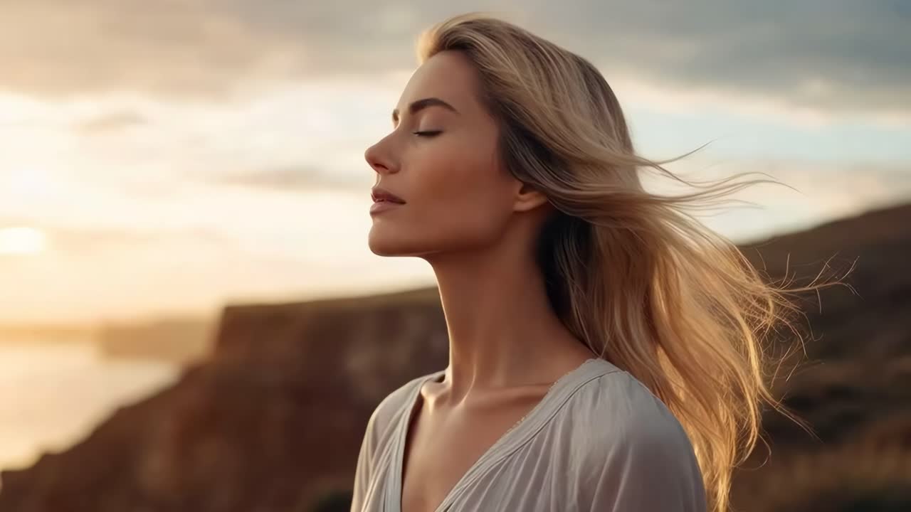 Un fermo immagine video rilassante di una donna di profilo, con gli occhi chiusi e i capelli mossi dal vento