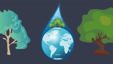 animation of globe in water drop and trees on dark blue background