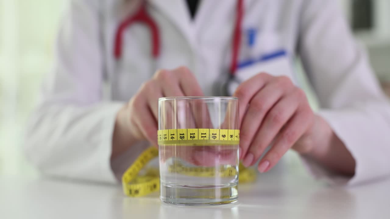 Doctor measuring a glass of water with a tape measure