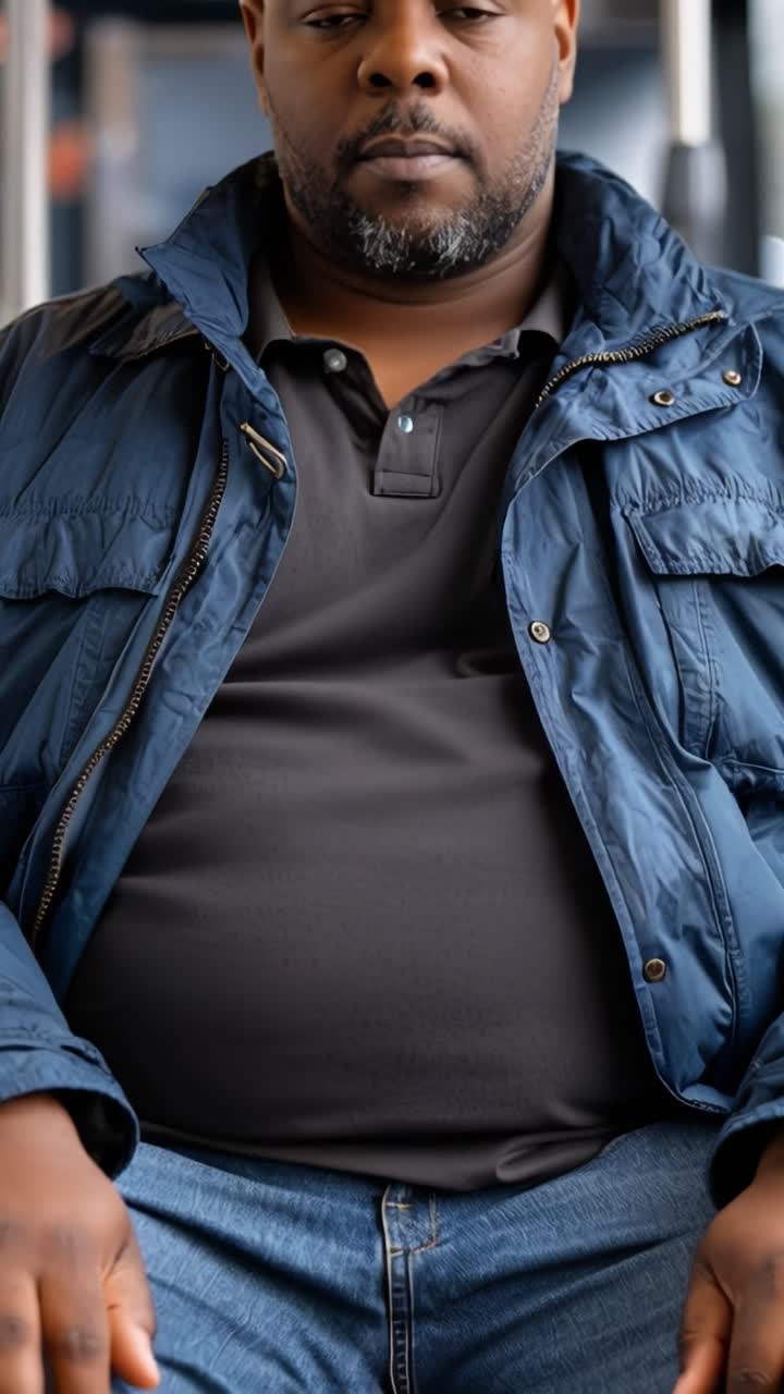 Man sits calmly, hands clasped. Dark jacket, thoughtful gaze. Neutral expression, relaxed posture. Urban setting, subtle background blur. Ideal for introspective, quiet, or contemplative scenes