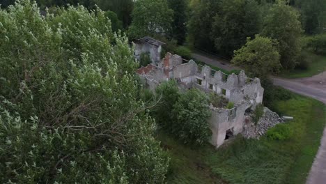 video de drones desde el techo de una casa abandonada con árboles y arbustos creciendo