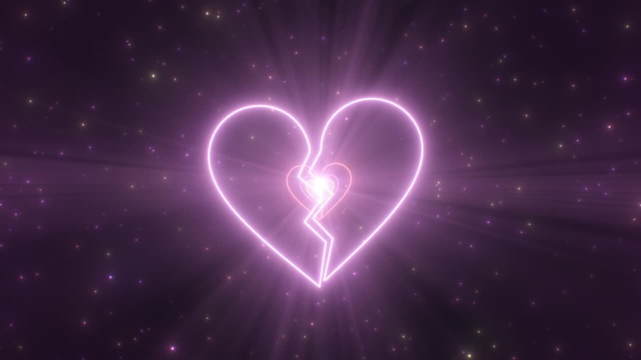 깨진 심장 표지판 발렌타인 데이 헤어짐 컨셉 네온 조명 터널 - 4k 원활한 vj 루프 모션 배경 애니메이션