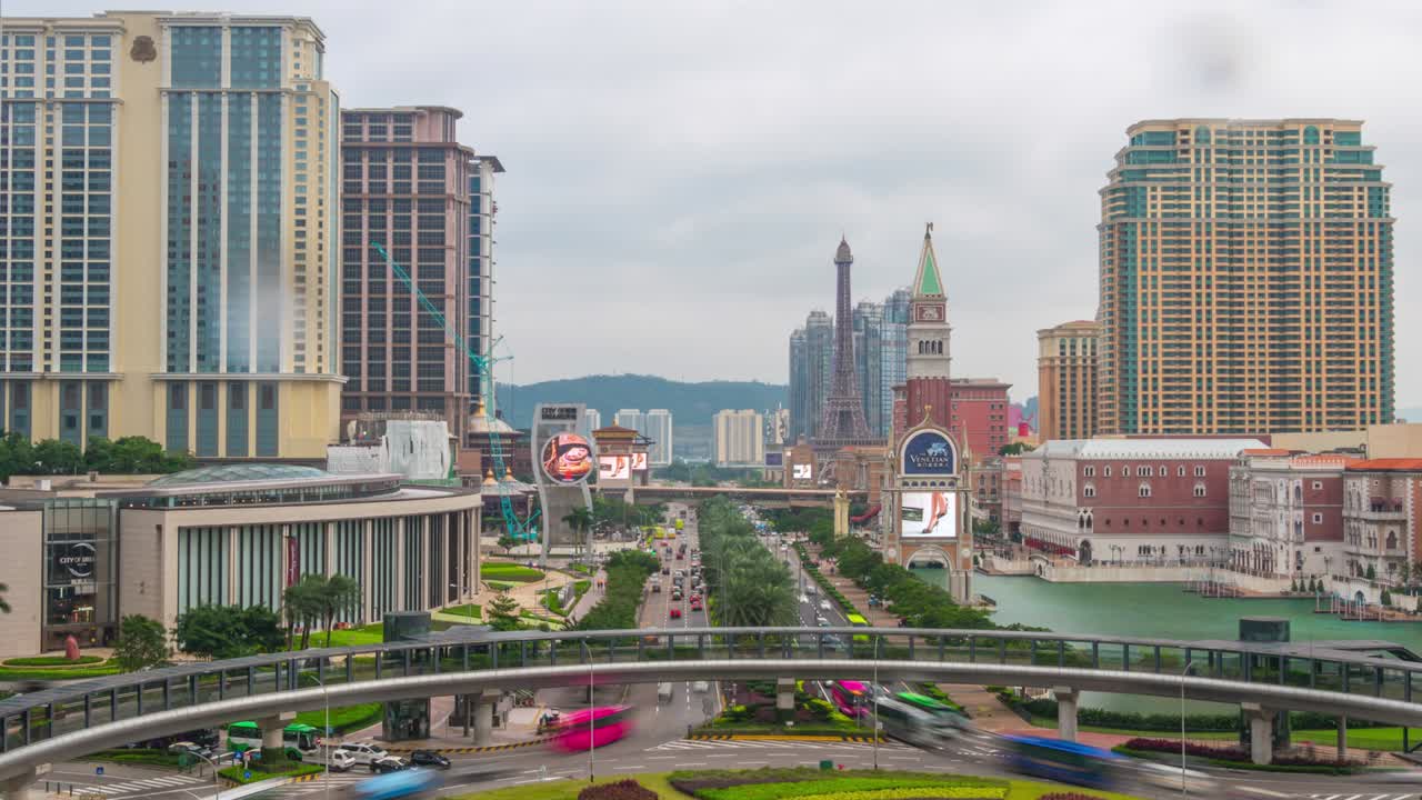 china ciudad de macao famoso círculo de tráfico paisaje urbano panorama 4k lapso de tiempo
