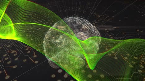 animation of green digital wave over spinning human brain against microprocessor connections