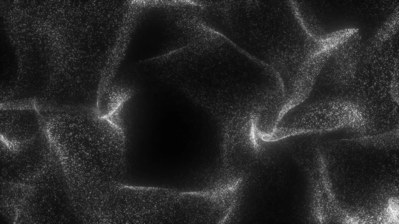 Luminous white particles form caustic patterns, simulating light reflecting on a dark water surface. For elegant or abstract backgrounds. Seamless loop