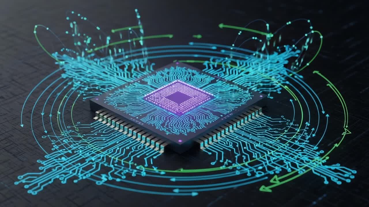 Visual Representation of a Central Processing Unit (CPU) with Flowing Data Streams and Abstract Circuit Patterns, Highlighting High-Tech Computing Elements and Connectivity