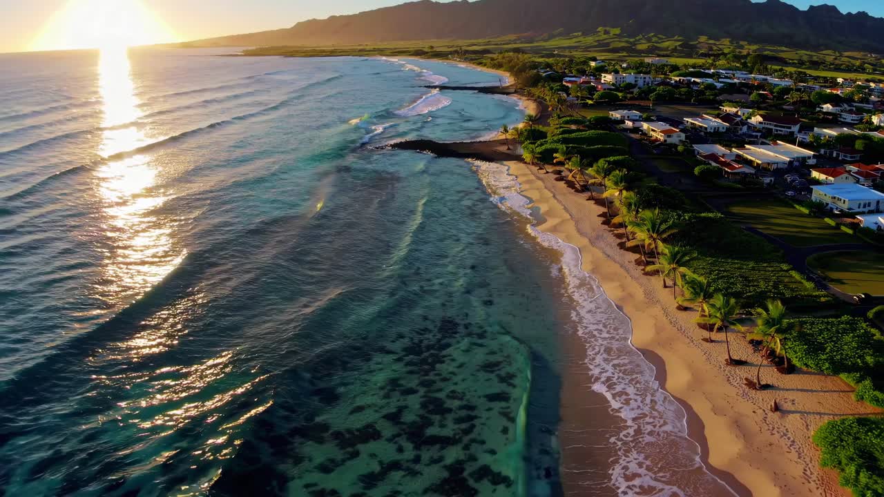 Video aereo che riprende una costa mozzafiato al tramonto, mettendo in mostra onde, spiaggia sabbiosa e litorale