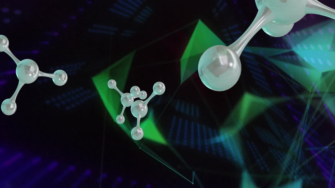 블랙 배경 위에 있는 분자 모델과 빛 흔적의 마이크로의 애니메이션