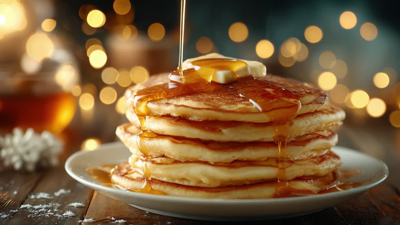 Delicious Stack of Fluffy Pancakes Topped with Butter and Drizzled with Maple Syrup Under Glimmering Lights, Perfect for Breakfast or Brunch Celebrations