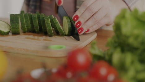 mujer cortando pepino para ensalada