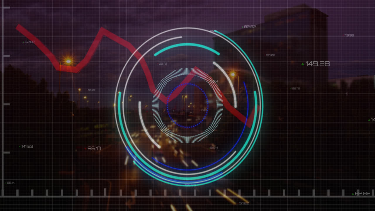 Animazione di uno scanner circolare e elaborazione di dati statistici su sfondo di una vista aerea del traffico cittadino notturno.