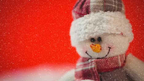 Animation-of-snow-falling-over-close-up-of-snowman-on-red-background