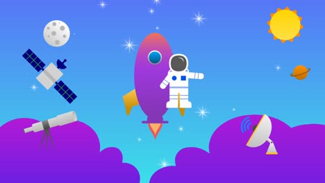 la luna, el satélite, el sol, saturno, las estrellas, el disco, el telescopio y el cohete con la ilustración de astronautas para la exploración espacial.
